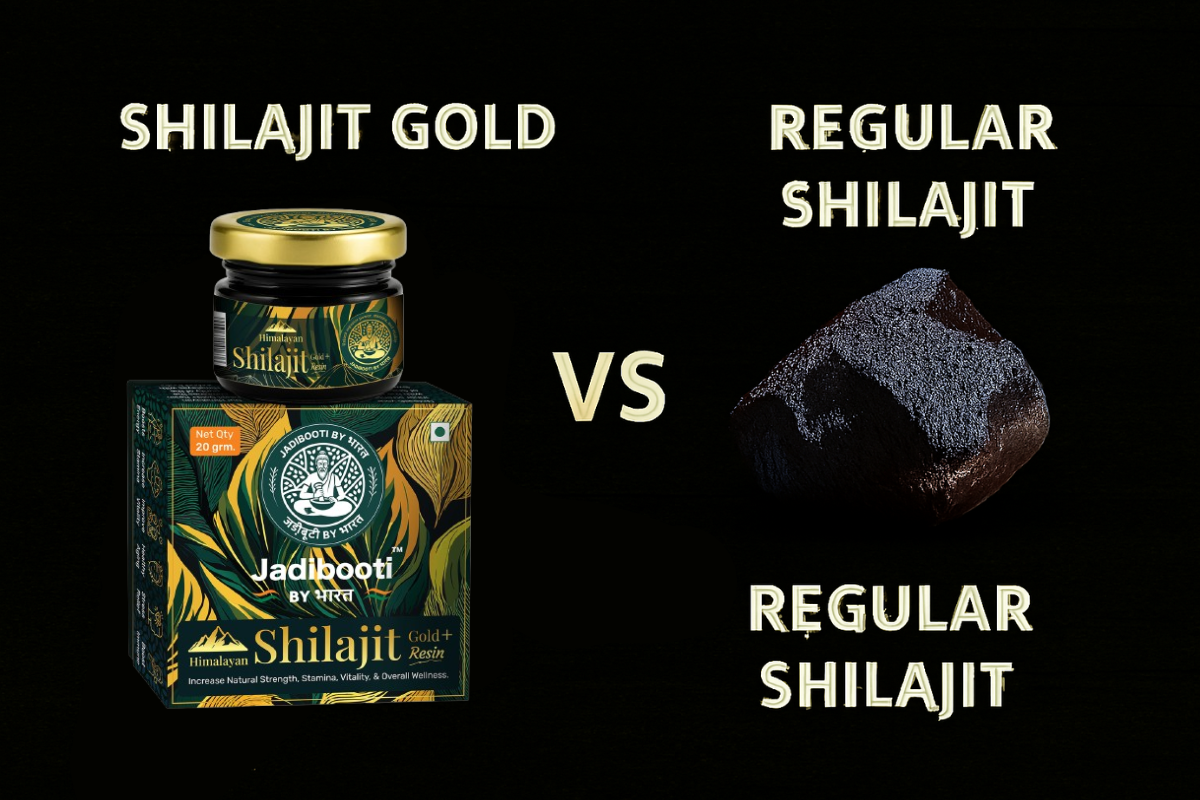 Comparison graphic showing Shilajit Gold benefits versus Regular Shilajit resin on a dark wood background. Highlights purification, bioavailability, and lab testing.